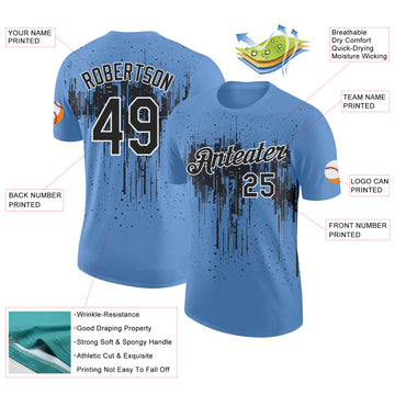 Custom Light Blue Black-White Dripping Splatter Paint Performance T-Shirt