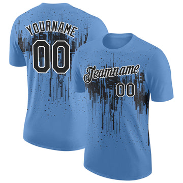 Custom Light Blue Black-White Dripping Splatter Paint Performance T-Shirt