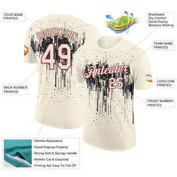 Custom Cream Black-Crimson Dripping Splatter Paint Performance T-Shirt