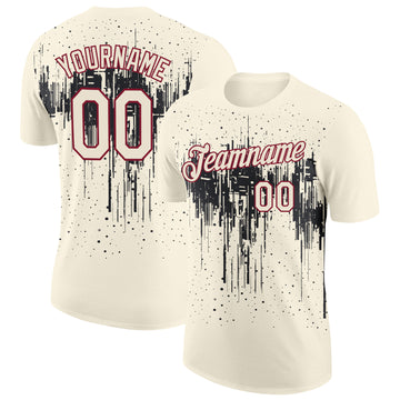 Custom Cream Black-Crimson Dripping Splatter Paint Performance T-Shirt