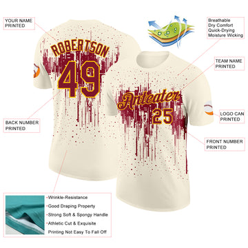 Custom Cream Crimson-Yellow Dripping Splatter Paint Performance T-Shirt