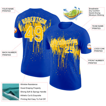 Custom Thunder Blue Yellow-White Dripping Splatter Paint Performance T-Shirt