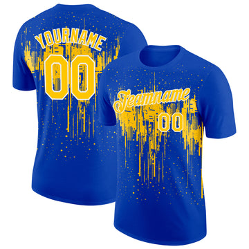 Custom Thunder Blue Yellow-White Dripping Splatter Paint Performance T-Shirt
