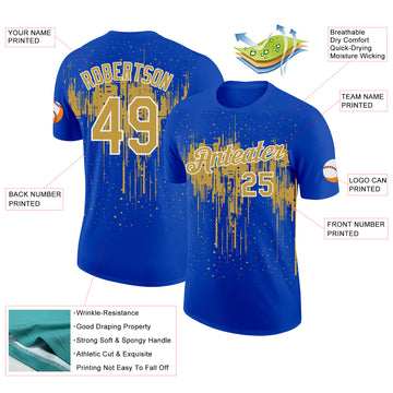 Custom Thunder Blue Old Gold-White Dripping Splatter Paint Performance T-Shirt