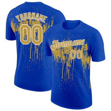 Custom Thunder Blue Old Gold-White Dripping Splatter Paint Performance T-Shirt