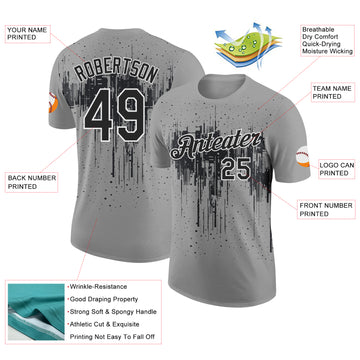 Custom Gray Black-White Dripping Splatter Paint Performance T-Shirt