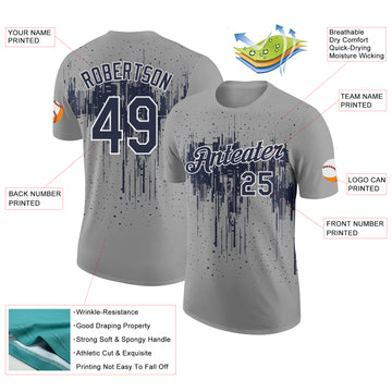 Custom Gray Navy-White Dripping Splatter Paint Performance T-Shirt