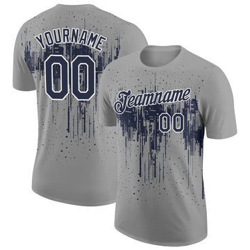 Custom Gray Navy-White Dripping Splatter Paint Performance T-Shirt