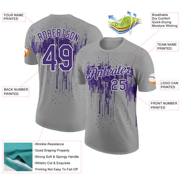 Custom Gray Purple-White Dripping Splatter Paint Performance T-Shirt