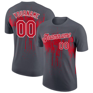 Custom Steel Gray Red-White Dripping Splatter Paint Performance T-Shirt