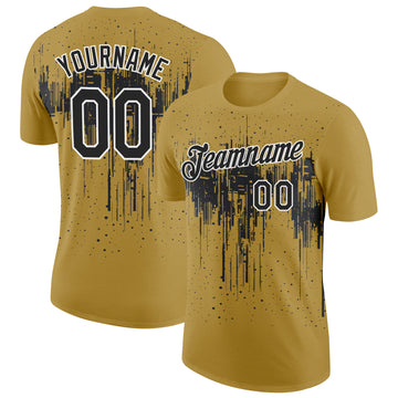 Custom Old Gold Black-White Dripping Splatter Paint Performance T-Shirt