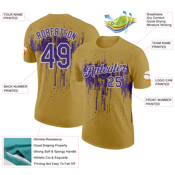 Custom Old Gold Purple-White Dripping Splatter Paint Performance T-Shirt