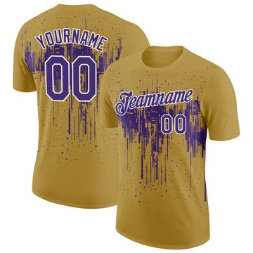 Custom Old Gold Purple-White Dripping Splatter Paint Performance T-Shirt