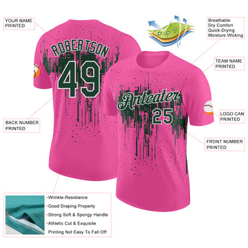 Custom Pink Green-White Dripping Splatter Paint Performance T-Shirt