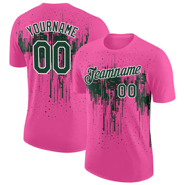 Custom Pink Green-White Dripping Splatter Paint Performance T-Shirt