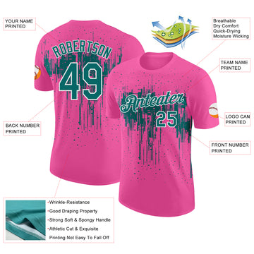 Custom Pink Teal-White Dripping Splatter Paint Performance T-Shirt
