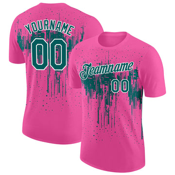 Custom Pink Teal-White Dripping Splatter Paint Performance T-Shirt