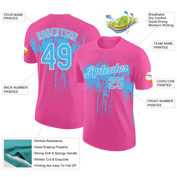 Custom Pink Sky Blue-White Dripping Splatter Paint Performance T-Shirt