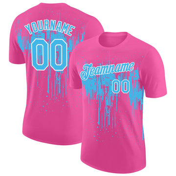 Custom Pink Sky Blue-White Dripping Splatter Paint Performance T-Shirt