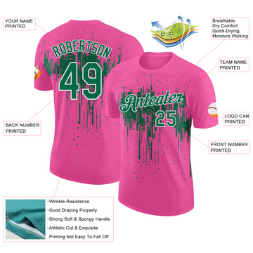 Custom Pink Kelly Green-White Dripping Splatter Paint Performance T-Shirt