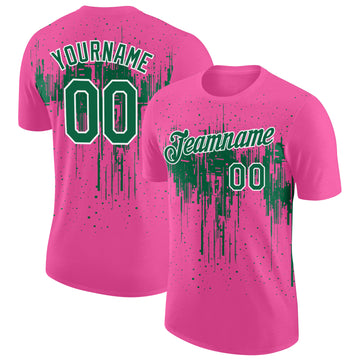 Custom Pink Kelly Green-White Dripping Splatter Paint Performance T-Shirt
