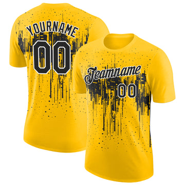 Custom Yellow Black-White Dripping Splatter Paint Performance T-Shirt