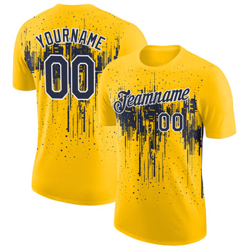 Custom Yellow Navy-White Dripping Splatter Paint Performance T-Shirt