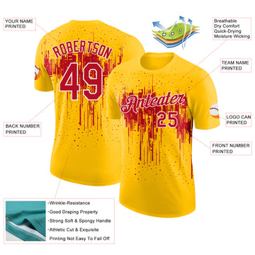 Custom Yellow Red-White Dripping Splatter Paint Performance T-Shirt