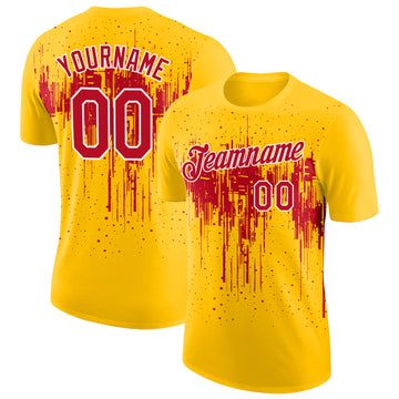 Custom Yellow Red-White Dripping Splatter Paint Performance T-Shirt