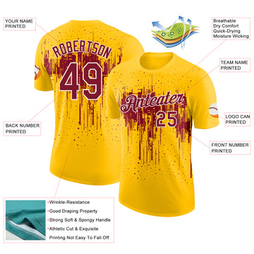 Custom Yellow Crimson-White Dripping Splatter Paint Performance T-Shirt
