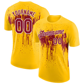 Custom Yellow Crimson-White Dripping Splatter Paint Performance T-Shirt