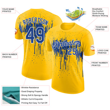 Custom Yellow Royal-White Dripping Splatter Paint Performance T-Shirt
