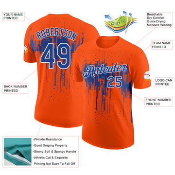Custom Orange Royal-White Dripping Splatter Paint Performance T-Shirt