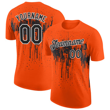 Custom Orange Black-White Dripping Splatter Paint Performance T-Shirt