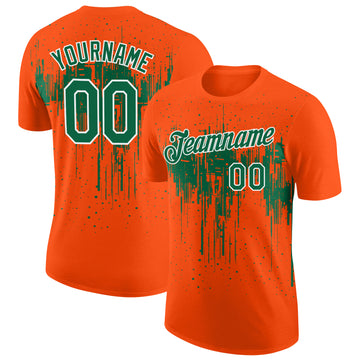 Custom Orange Kelly Green-White Dripping Splatter Paint Performance T-Shirt