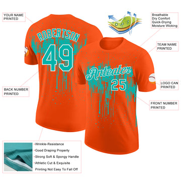 Custom Orange Aqua-White Dripping Splatter Paint Performance T-Shirt