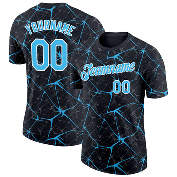 Custom Black Sky Blue Gray-White Abstract Network Crackle Performance T-Shirt