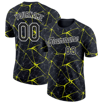 Custom Black Neon Yellow Gray-White Abstract Network Crackle Performance T-Shirt