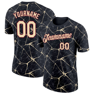 Custom Black Cream Gray-Crimson Abstract Network Crackle Performance T-Shirt