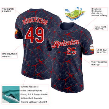 Custom Navy Red Gray-White Abstract Network Crackle Performance T-Shirt