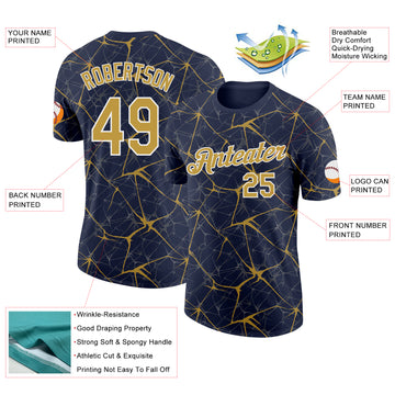 Custom Navy Old Gold Gray-White Abstract Network Crackle Performance T-Shirt