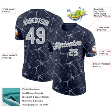 Custom Navy Gray-White Abstract Network Crackle Performance T-Shirt