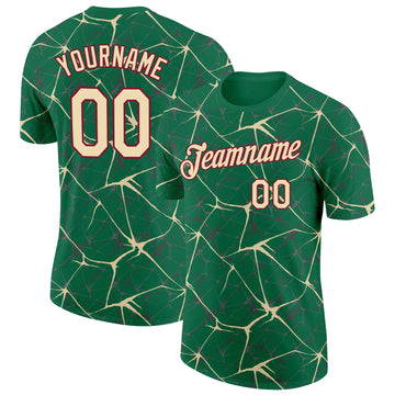Custom Kelly Green Cream Gray-Crimson Abstract Network Crackle Performance T-Shirt