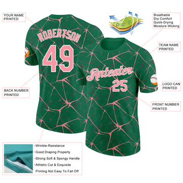 Custom Kelly Green Medium Pink Gray-White Abstract Network Crackle Performance T-Shirt