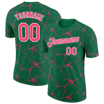 Custom Kelly Green Neon Pink Gray-White Abstract Network Crackle Performance T-Shirt