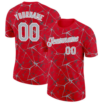 Custom Red Gray-White Abstract Network Crackle Performance T-Shirt