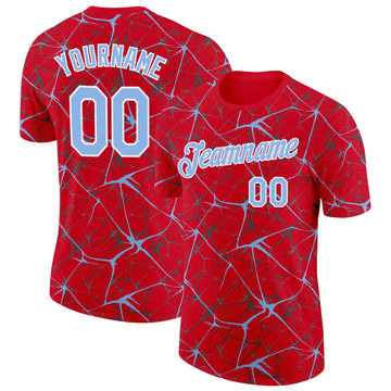Custom Red Light Blue Gray-White Abstract Network Crackle Performance T-Shirt