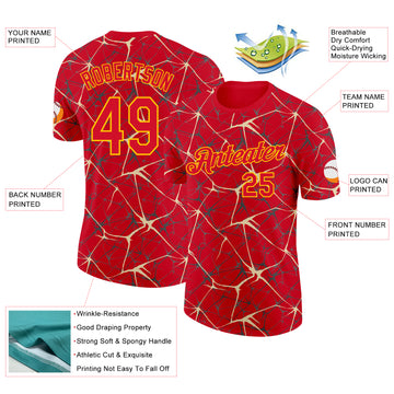 Custom Red Cream Gray-Yellow Abstract Network Crackle Performance T-Shirt