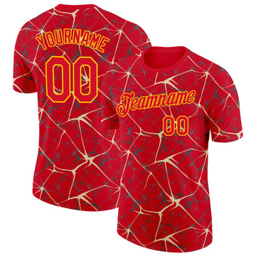 Custom Red Cream Gray-Yellow Abstract Network Crackle Performance T-Shirt