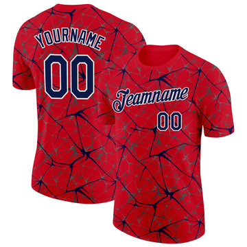 Custom Red Navy Gray-White Abstract Network Crackle Performance T-Shirt